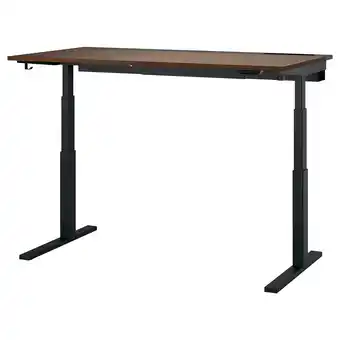 IKEA Mittzon zit-sta bureau: ergonomisch, walnoothouten blad, zwarte poten, dubbele motoren aanbieding
