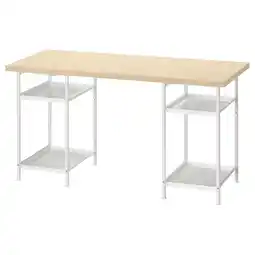IKEA Mittcirkel bureau: licht houten blad, witte metalen poten, 2 draadplanken voor opslag aanbieding