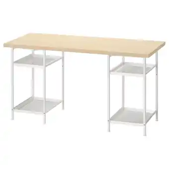 IKEA Mittcirkel bureau: licht houten blad, witte metalen poten, 2 draadplanken voor opslag aanbieding