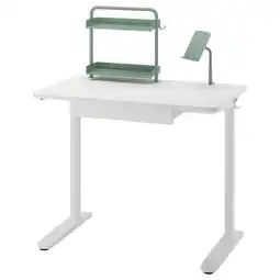 IKEA Wit bureau met groene accessoires: plank, lamp, telefoonhouder. Modern, strak ontwerp aanbieding