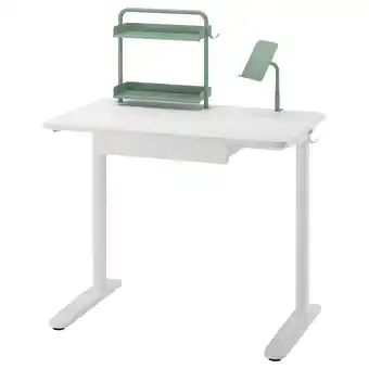 IKEA Wit bureau met groene accessoires: plank, lamp, telefoonhouder. Modern, strak ontwerp aanbieding