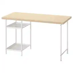 IKEA Een mittcirkel bureau met een licht houten blad en witte metalen poten, met twee planken voor opslag aanbieding