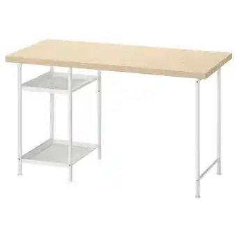 IKEA Een mittcirkel bureau met een licht houten blad en witte metalen poten, met twee planken voor opslag aanbieding