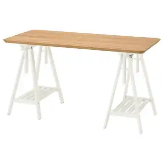 IKEA Een wit anfallare bureau met een houten blad, voorzien van schraagpoten en een plank eronder aanbieding