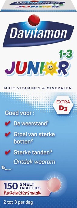 Bol.com Davitamon Junior vitaminen 1-3 jaar - multivitamine kinderen - 150 smelttabletjes - Aardbeiensmaak aanbieding