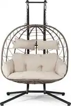 Bol.com Juskys Polyrotan Dubbele Hangstoel Aria - Beige - Incl. Onderstel & Kussens aanbieding