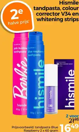 Trekpleister Hismile tandpasta, colour corrector V34 en whitening strips aanbieding
