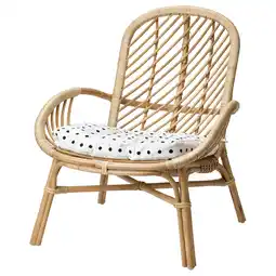 IKEA Brobock: rieten kinderfauteuil, lichtbruin, gebogen, met wit stippenkussen aanbieding