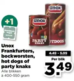 PLUS Unox Frankfurters, bockworsten, hot dogs of party knaks aanbieding
