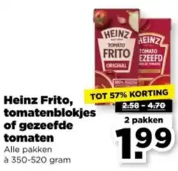PLUS Heinz Frito, tomatenblokjes of gezeefde tomaten aanbieding