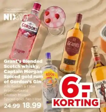 PLUS Grant's Blended Scotch whisky, Captain Morgan Spiced gold rum of Gordon's Gin aanbieding