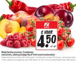 Jumbo Nederlandse pruimen, frambozen, nectarines, zoete puntpaprika of mini roma trostomaten aanbieding