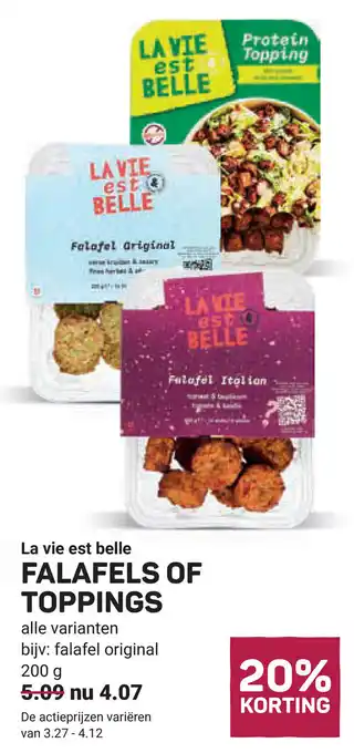 Ekoplaza La vie est belle falafels of toppings aanbieding