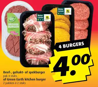 Boni Beef gehakt of spekburger of Green Earth kitchen burger aanbieding