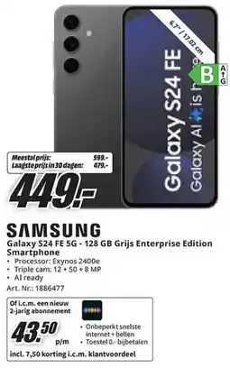 MediaMarkt Samsung Galaxy S24 FE 5G 128 GB Grijs Enterprise Edition Smartphone aanbieding