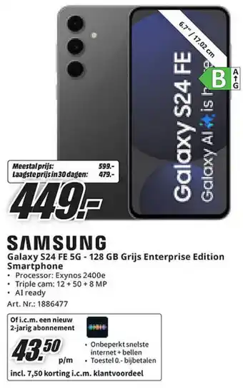 MediaMarkt Samsung Galaxy S24 FE 5G 128 GB Grijs Enterprise Edition Smartphone aanbieding