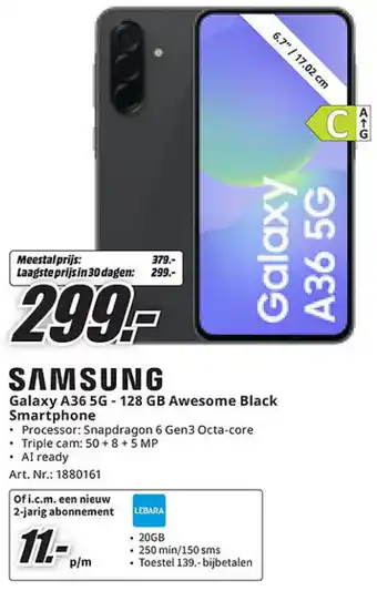 MediaMarkt Samsung Galaxy A36 5G 128 GB Awesome Black Smartphone aanbieding