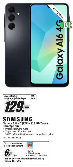 MediaMarkt Samsung Galaxy A16 4G (LTE) 128 GB Zwart Smartphone aanbieding