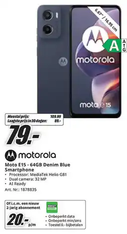 MediaMarkt Motorola Moto E15 64GB Denim Blue Smartphone aanbieding