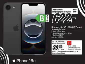 MediaMarkt iPhone 16e 5G 128 GB Zwart Smartphone aanbieding