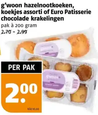 Poiesz G'woon hazelnootkoeken, koekjes assorti of Euro Patisserie chocolade krakelingen aanbieding