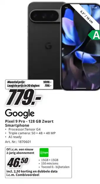 MediaMarkt Google Pixel 9 Pro 128 GB Zwart Smartphone Processor Tensor GA aanbieding