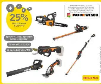 Praxis Worx 1-accu-systeem tuingereedschap aanbieding
