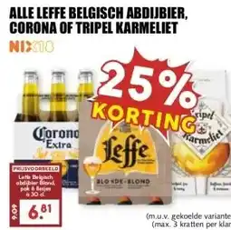 MCD Supermarkt ALLE LEFFE BELGISCH ABDIJBIER, CORONA OF TRIPEL KARMELIET aanbieding