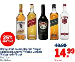 Makro Baileys Irish cream, Captain Morgan spiced gold, Smirnoff vodka, Johnnie Walker red of black aanbieding