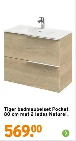 GAMMA Tiger badmeubelset Pocket 80 cm met 2 lades Naturel Eik aanbieding