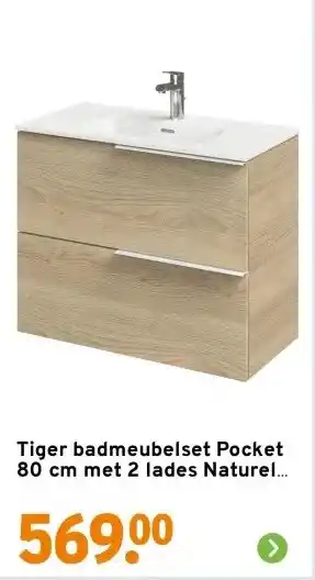 GAMMA Tiger badmeubelset Pocket 80 cm met 2 lades Naturel Eik aanbieding