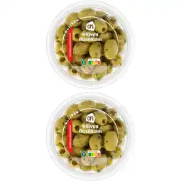 Albert Heijn AH Groene olijven met basilicum 2-pack aanbieding