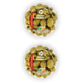 Albert Heijn AH Groene olijven met basilicum 2-pack aanbieding