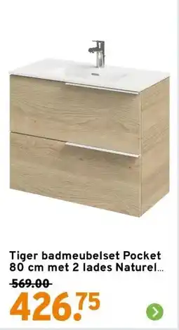GAMMA Tiger badmeubelset Pocket 80 cm met 2 lades Naturel Eik aanbieding