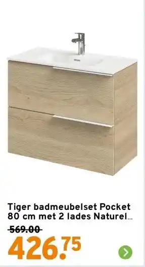GAMMA Tiger badmeubelset Pocket 80 cm met 2 lades Naturel Eik aanbieding