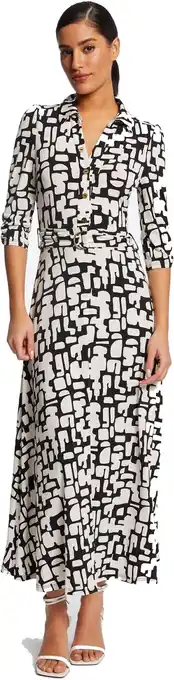 Amazon Morgan Lange uitlopende jurk met abstracte print, gebroken wit/zwart, 40 aanbieding