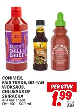 Dekamarkt Conimex, fair trade, go-tan woksaus, chilisaus of sriracha aanbieding