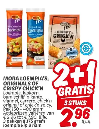 Dekamarkt Mora loempia's, originals of crispy chick'n aanbieding