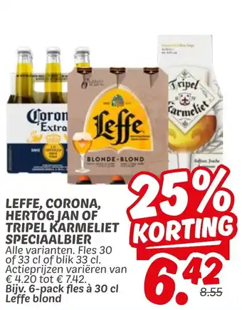Dekamarkt Leffe, corona, hertog jan of tripel karmeliet speciaalbier aanbieding