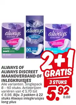 Dekamarkt Always of always discreet maandverband of inlegkruisjes aanbieding