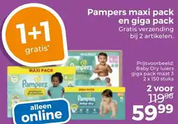 Trekpleister Pampers maxi pack en giga pack Gratis verzending bij 2 artikelen. aanbieding