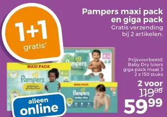 Trekpleister Pampers maxi pack en giga pack Gratis verzending bij 2 artikelen. aanbieding