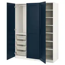 IKEA Een open witte en marineblauwe pax kledingkast met planken en gaaslades aanbieding