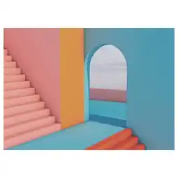 IKEA Kleurrijke, abstracte architectuur. Felroze trap, oranje muur, groenblauwe vloer, blauwe boog aanbieding