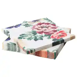 IKEA Stapel kleurrijke papieren servetten met bloemenpatroon, witte achtergrond, drielaags ontwerp aanbieding