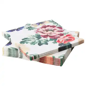 IKEA Stapel kleurrijke papieren servetten met bloemenpatroon, witte achtergrond, drielaags ontwerp aanbieding