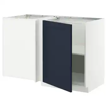 IKEA Een metod keukenblok met een blauwe bijldeur. Het heeft een vierkant, tweekleurig ontwerp aanbieding