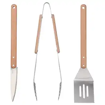 IKEA Drie grillgereedschappen met houten handvat: mes, tang en spatel, netjes naast elkaar gerangschikt aanbieding
