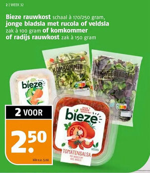 Poiesz Bieze rauwkost, jonge bladsla met rucola of veldsla of komkommer of radijs rauwkost aanbieding