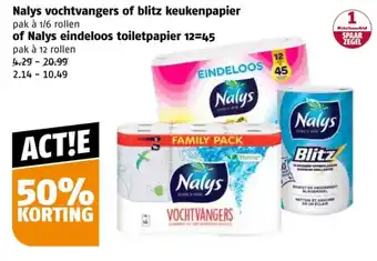 Poiesz Nalys vochtvangers of blitz keukenpapier of Nalys eindeloos toiletpapier 12=45 aanbieding